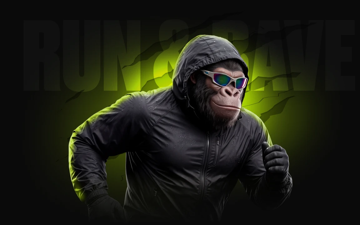 Горила у спортивній куртці та окулярах — Run & Rave